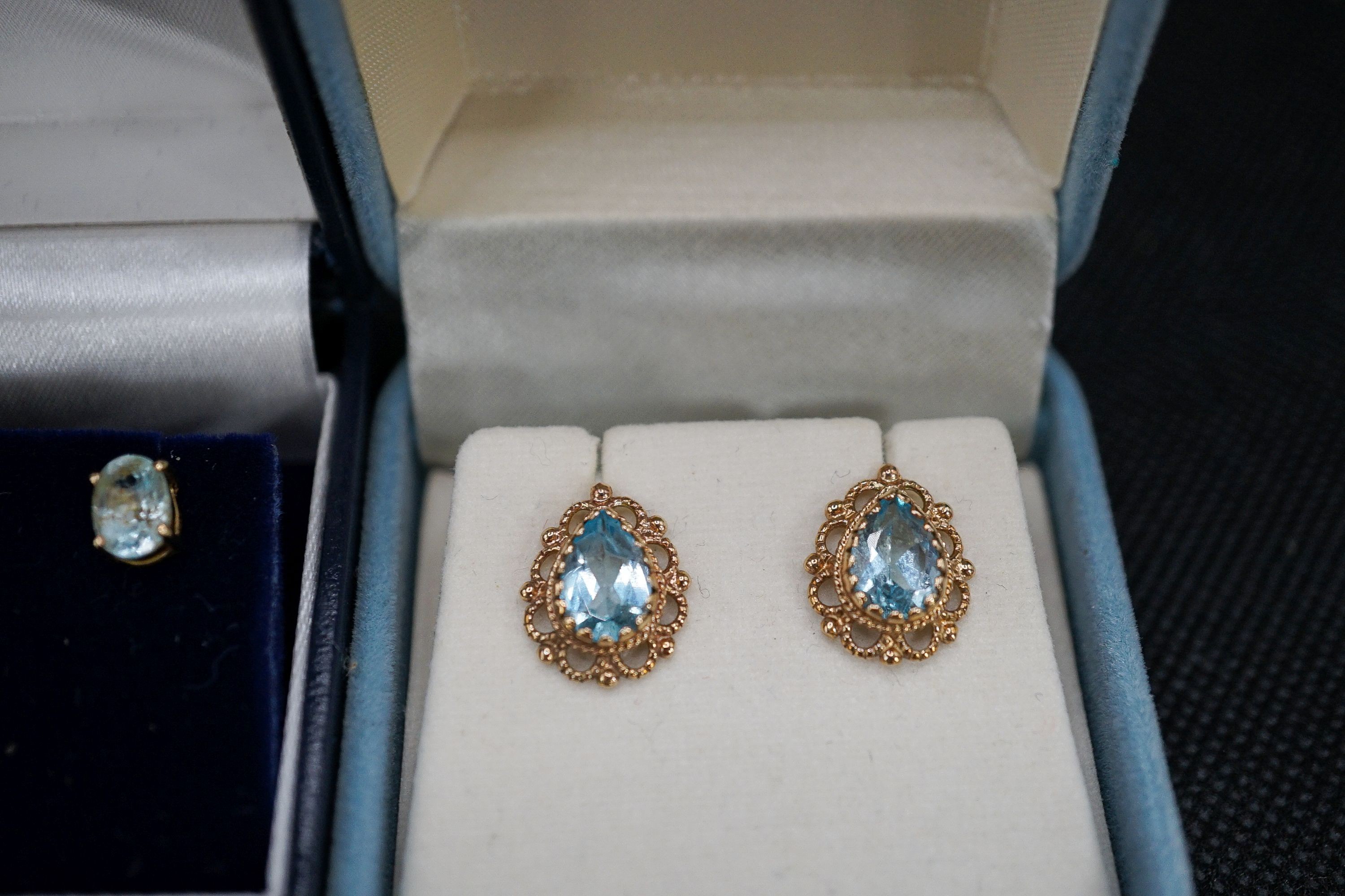 Two pairs of semi precious gem set ear rings including one 9ct gold set and a boxed silver bangle.